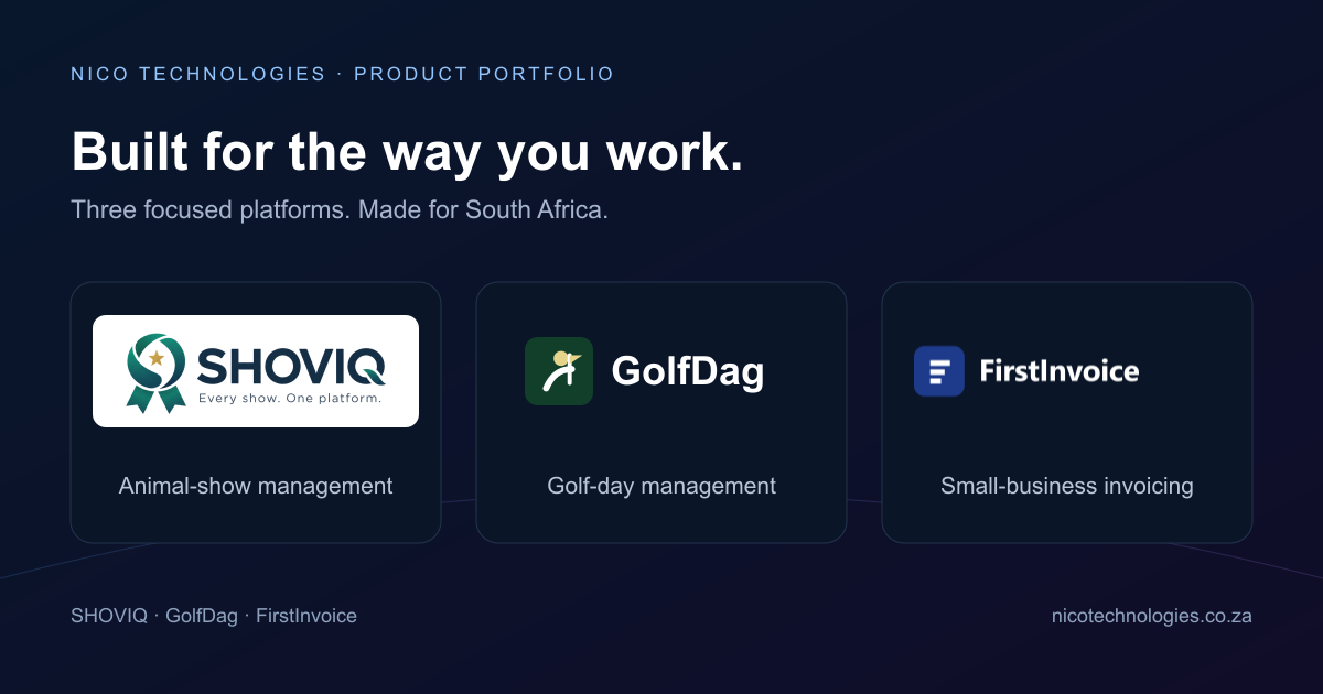 SHOVIQ, GolfDag and FirstInvoice — products built by Nico Technologies cc